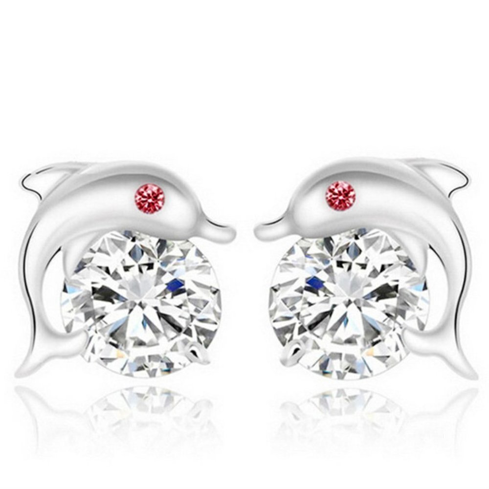 925 Silver Red Eye Dolphin Zircon Stud Earrings for Women, FB16FA1012 - Picture 1 of 1